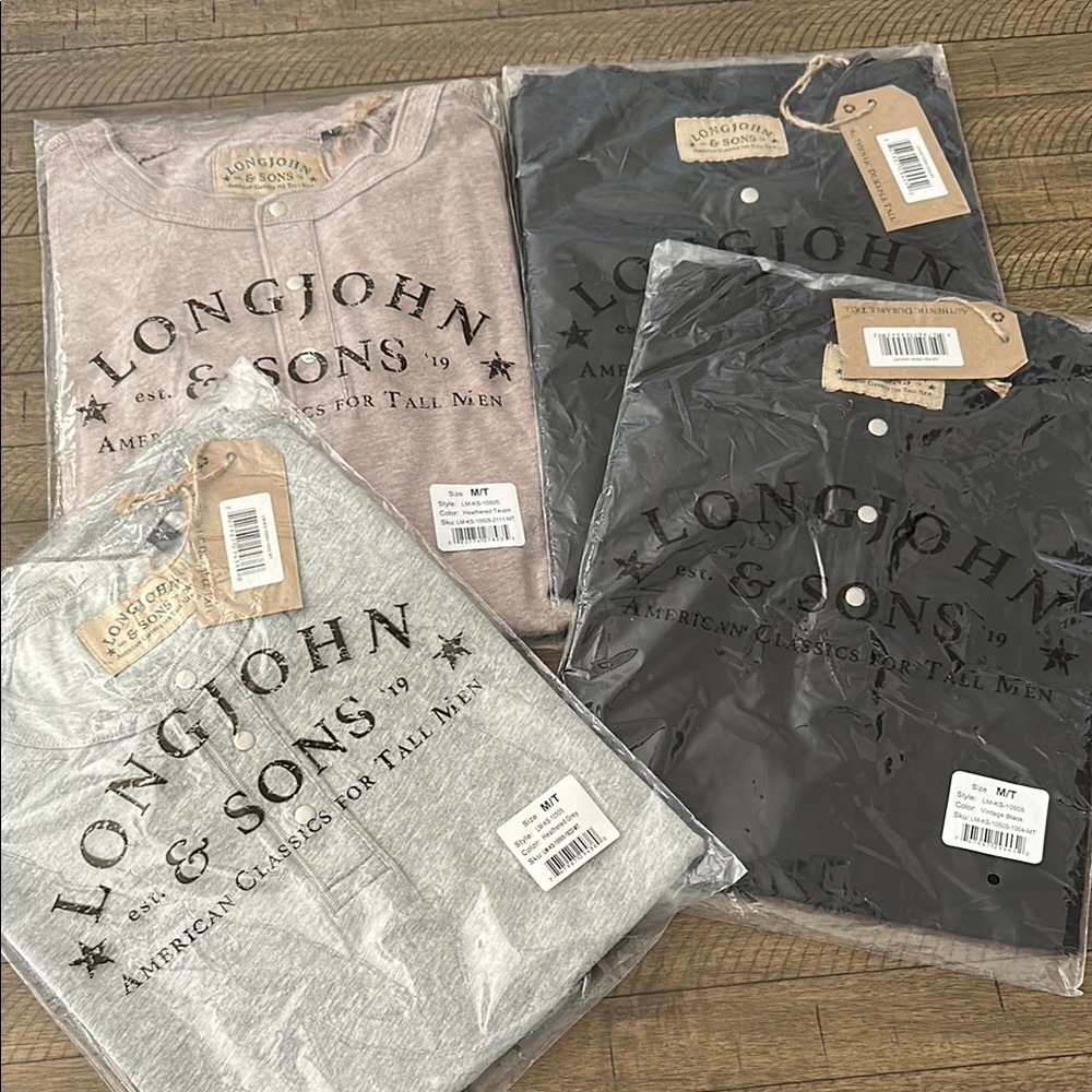 Set of TALL Men’s LJ&S Henley Shirts in Gray, Black, and Taupe